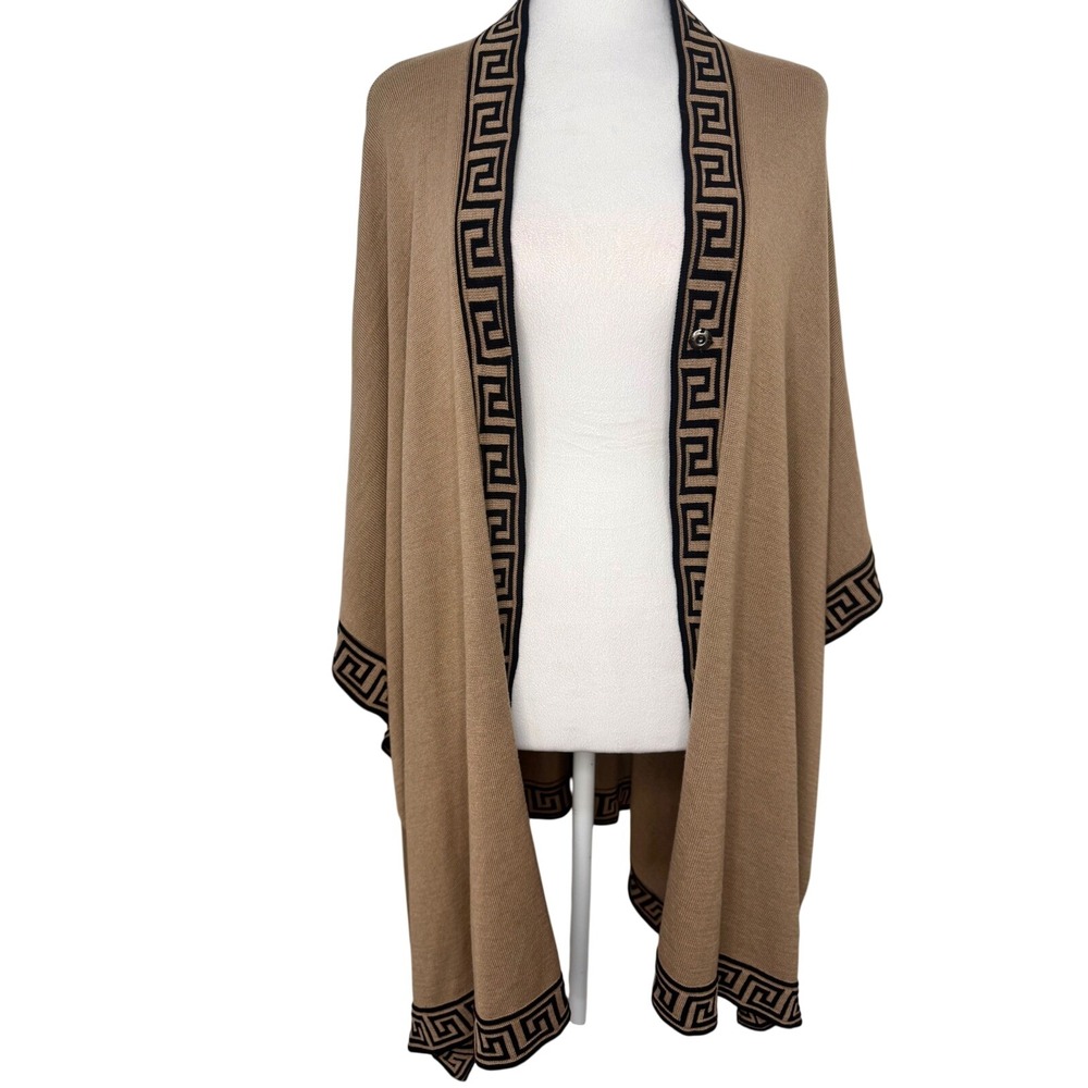 Marley Lilly Tan Black Greek Key Border‎ Snap Front Poncho Cape One Size Viscose